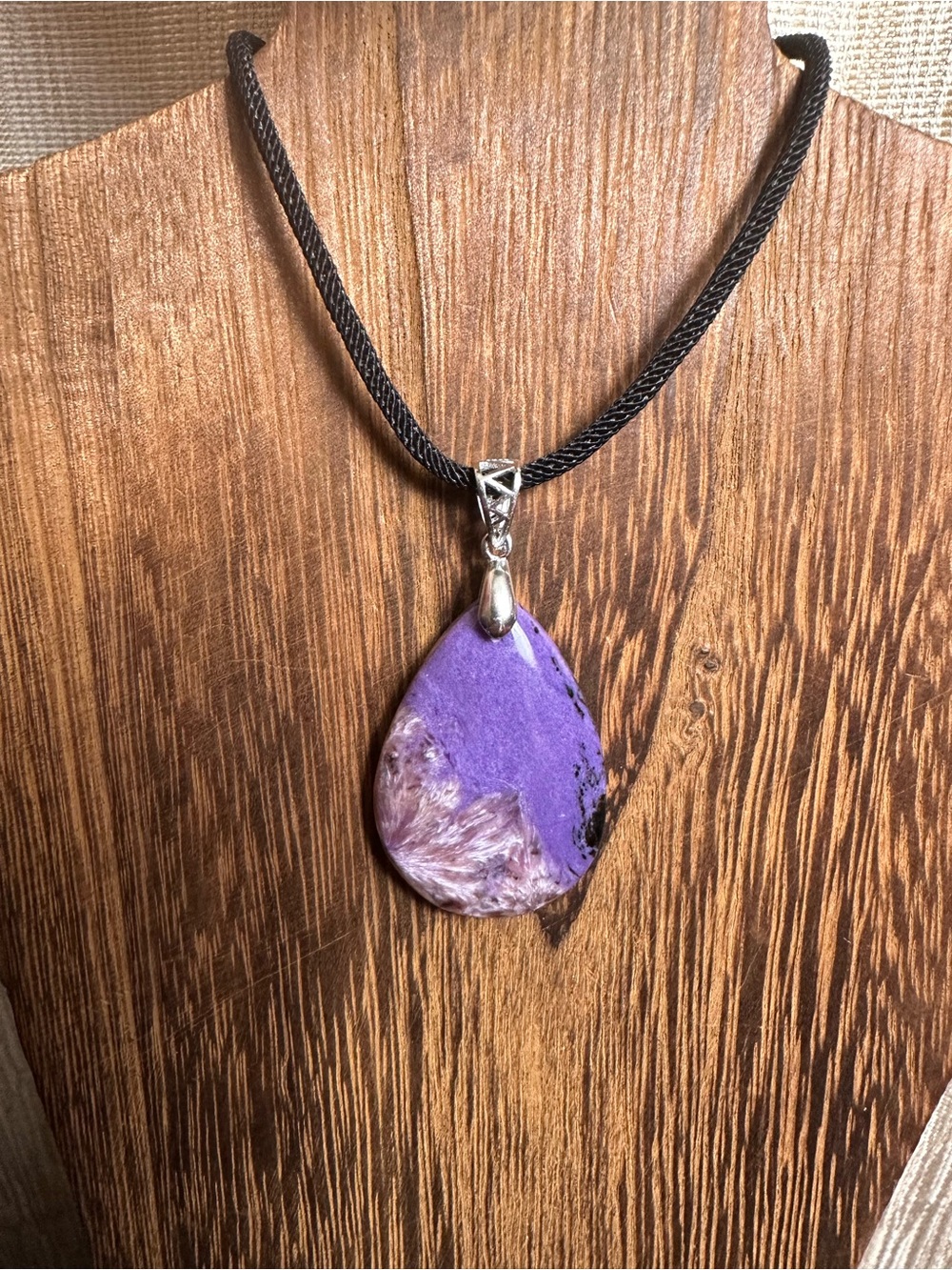 Charoite Teardrop Necklace on Sterling Silver Bail and Black Rope - Picture 11 of 14